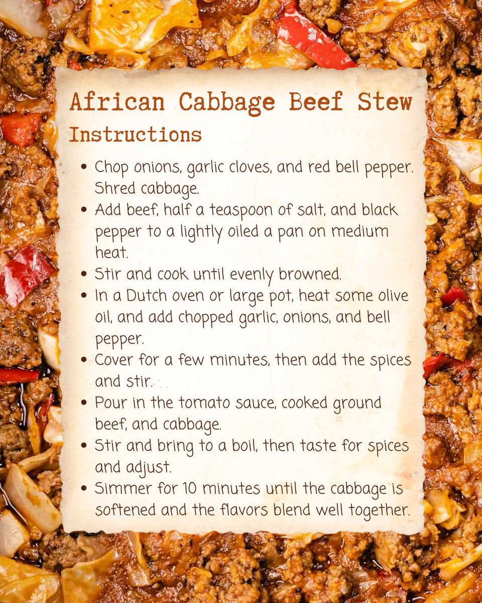 In honor of Black History Month, we decided to share this recipe for African Cabbage Beef Stew! Visit us at Farmers Market of the Ozarks this Saturday to pick up your fresh, local ingredients. Find the full original recipe here: lowcarbafrica.com/african-cabbag…
