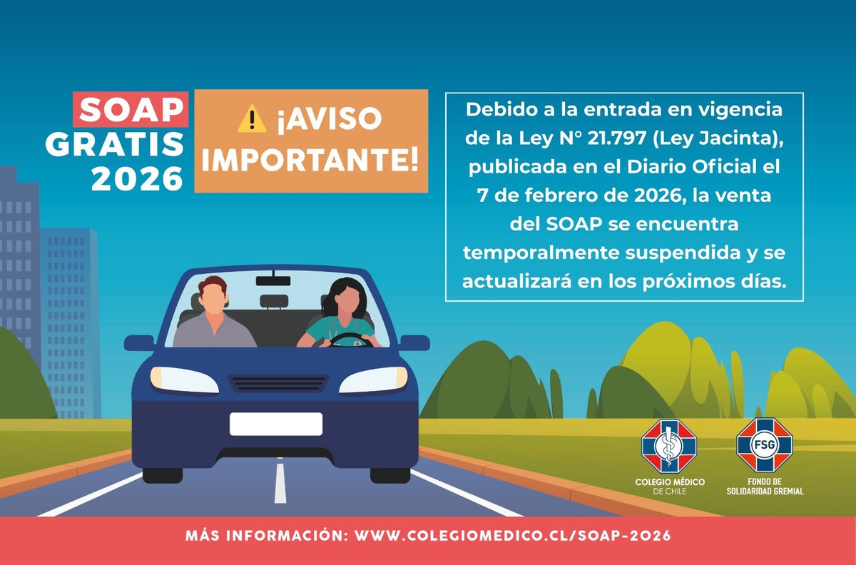 🚗📄 SOAP suspendido temporalmente
Por entrada en vigencia de la Ley Jacinta (21.797), la venta del SOAP está pausada a nivel nacional.
✔️ Los SOAP que ya fueron adquiridos siguen siendo válidos.
🔔 Informaremos en cuanto se reactive la entrega a través de nuestros canales