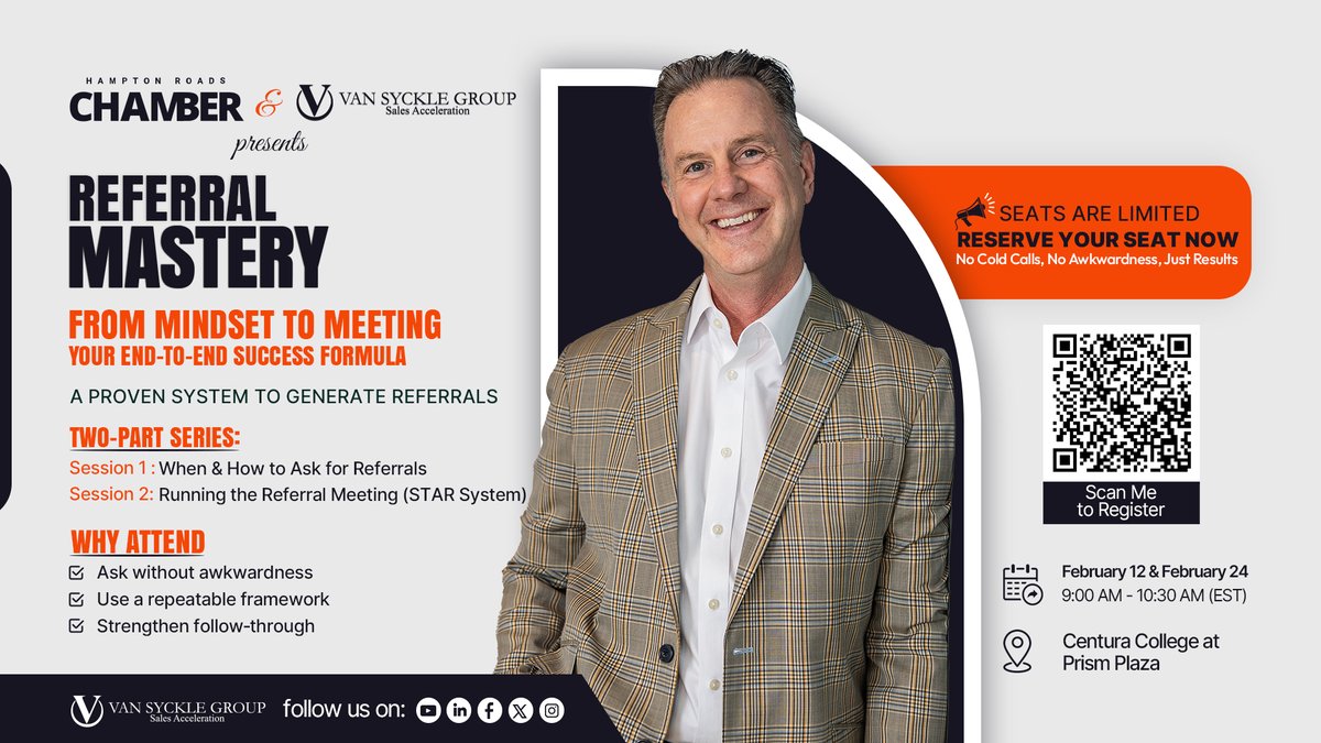 OwenVanSyckle's tweet image. 3 days left.

Want 100 referrals in 30 days—without cold calls?

Join @OwenVanSyckle live.
🗓 Feb 12 | 9 AM EST
📍 Centura College

Register - business.hrchamber.com/ap/Events/Regi…

#SalesReferrals #STARSystem #ReferralMastery