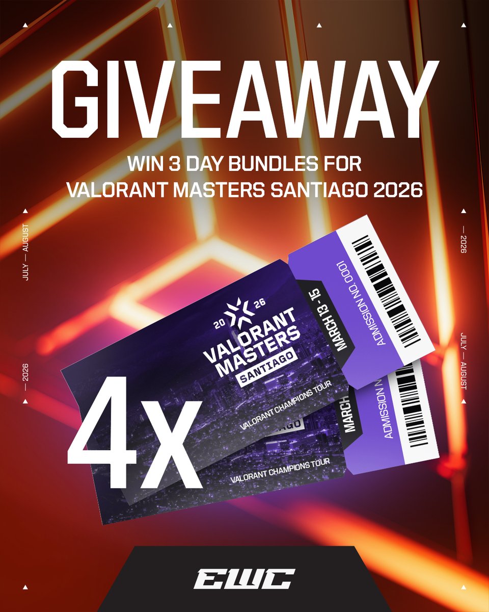 🎉 #VALORANTMasters Santiago Giveaway 🎉

We’re giving away four 3-day ticket bundles to experience <a href="/ValorantEsports/">VALORANT Champions Tour</a> LIVE!

To enter:
✅ Follow us
🔁 Retweet this post
💬 Comment who you think will win it all

Enter on our Instagram &amp; Discord too for more chances to win! 👀