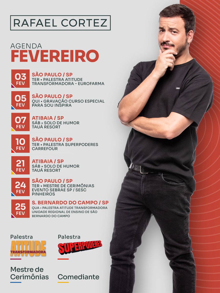 cortezrafa's tweet photo. FEVEREIRO!

Esqueci completamente de postar a agenda do mês!

Mas até que para um período de Carnaval e tanta procrastinação, tá bem legal!

Parte das coisas já rolou, mas você ainda pode topar comigo nas minhas versões palestrante e comediante por aí - fora as demais datas que sempre fecham em cima da hora e não entram na agenda…

Bora que 2026 tá legal demais!