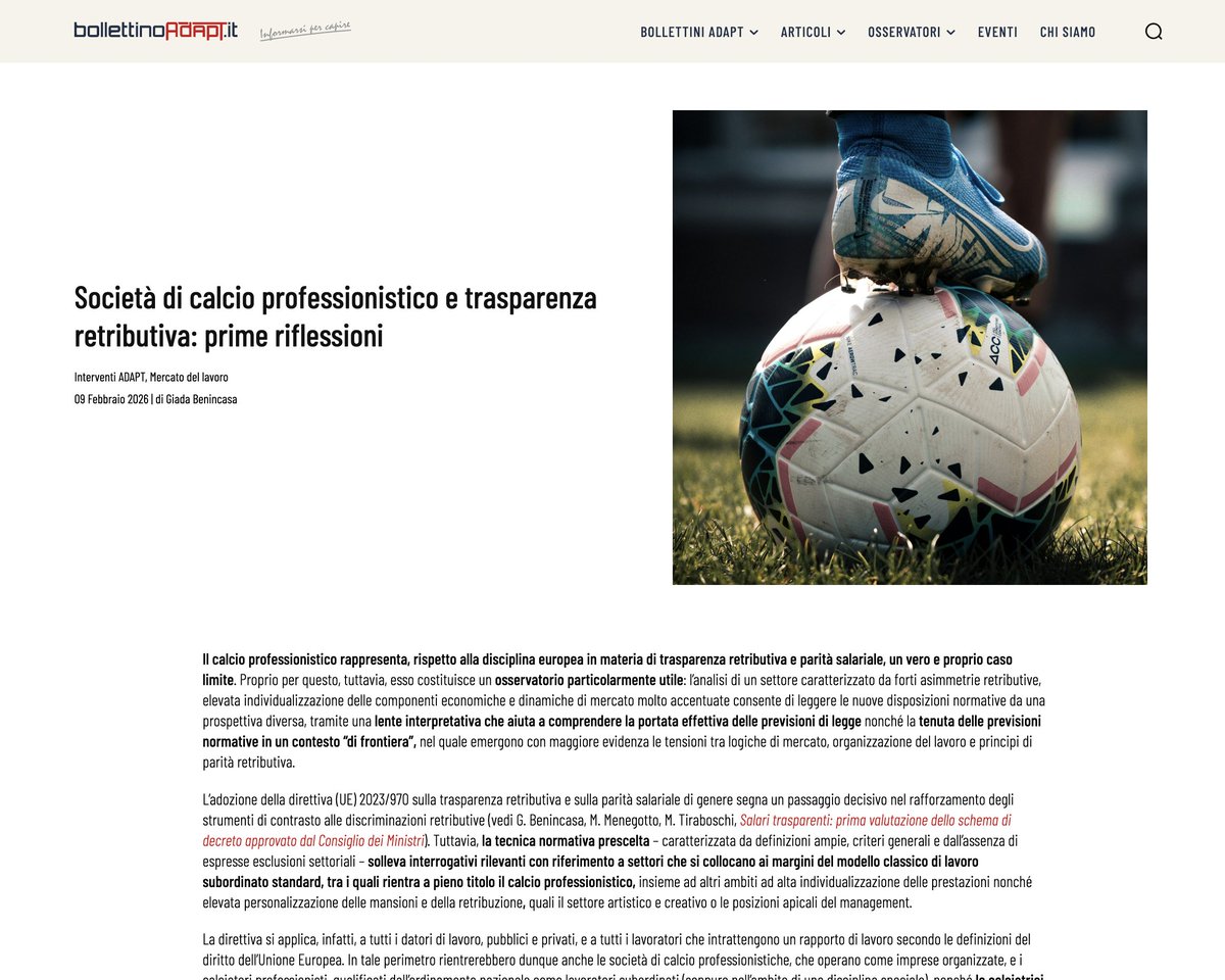 Trasparenza e parità retributiva tra uomini e donne anche per le società di calcio professionistico? 
Prime riflessioni di <a href="/BenincasaGiada/">Giada Benincasa</a> via <a href="/bollettinoADAPT/">bollettinoADAPT</a> #OpenAccess qui: 
bollettinoadapt.it/trasparenza-re…