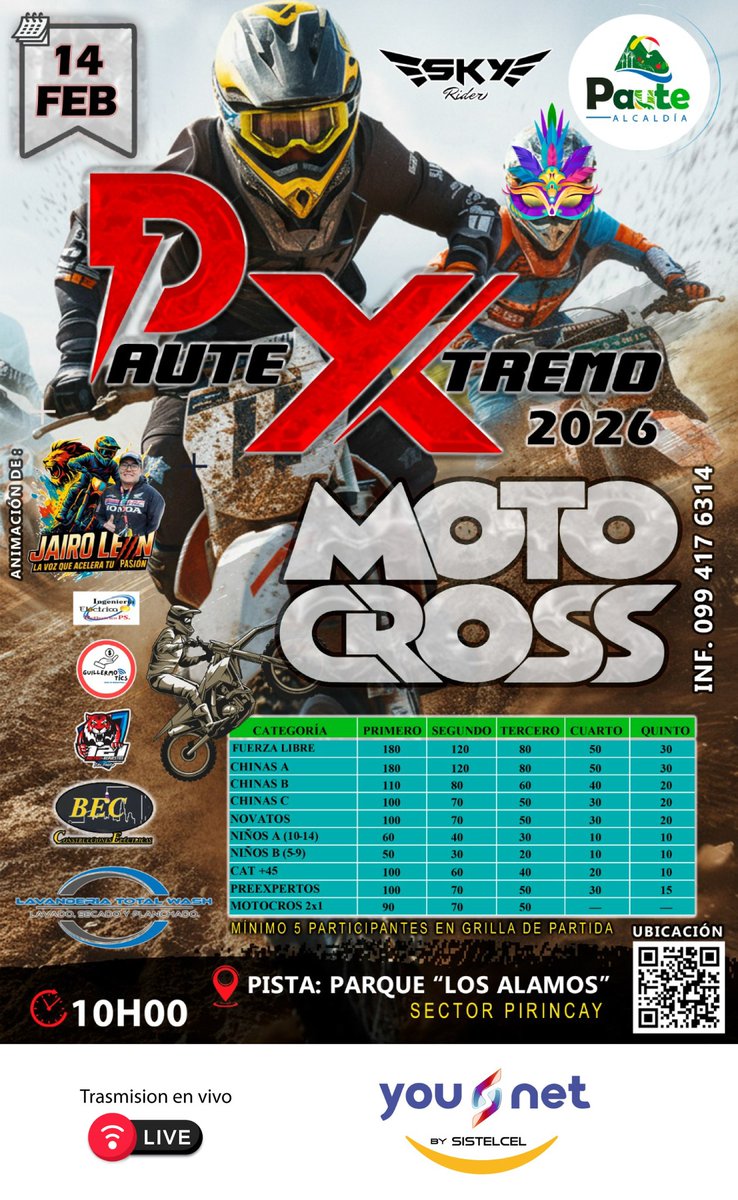 ¡El motocross se toma Paute! 🔥🏍️
Este 14 de febrero vive la adrenalina del Paute Xtremo Motos 2026, con los mejores pilotos en acción.
Velocidad, emoción y espectáculo para toda la familia.
#PauteXtremoMotos #MotocrossPaute #Paute166Años
