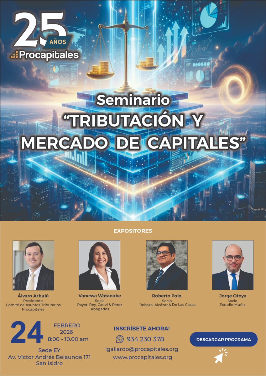 🎙️¿Te lo vas a perder? Seminario “Tributación y mercado de capitales”.  Aprovecha el precio general de S/340 soles (descuento de 25% en cualquier momento) Quedan pocos cupos. 
📷docs.procapitales.org/eventos/mailin…
📷docs.google.com/forms/d/e/1FAI…