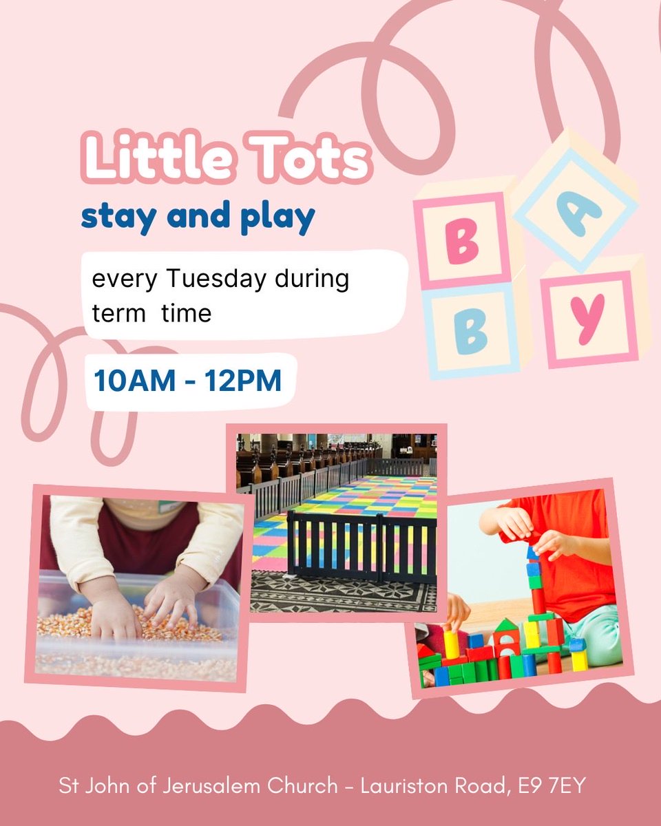 sjojchurch's tweet photo. Little Tots 0-4 (under 5) Stay and Play every Tuesday during term time, 10am – 12 pm.
Possible new volunteers for this, please speak with Lisa E, Robyn, Toby or Andrew
#sjoj #churchinvictoriapark #littletots #stayandplay https://t.co/AVaL71mmxJ