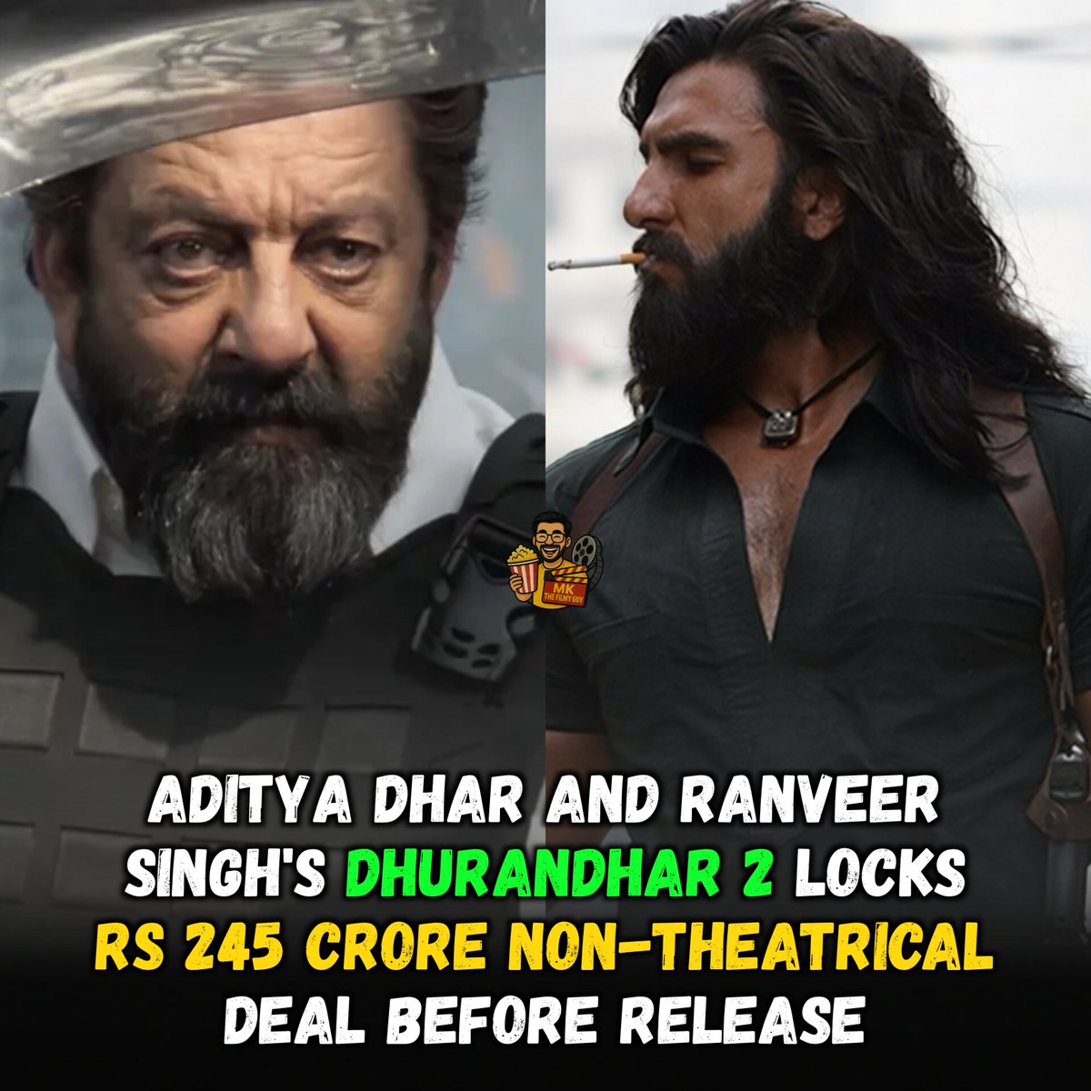 Ranveer Singh’s Dhurandhar 2 locks a record-breaking ₹245 crore non-theatrical deal! 

Breakdown: Digital ₹150cr, Satellite ₹50cr, Music ₹45cr. 

Nearly doubles Part 1’s numbers.

#Dhurandhar2 #RanveerSingh #AdityaDhar #SanjayDutt #MKTheFilmyGuy