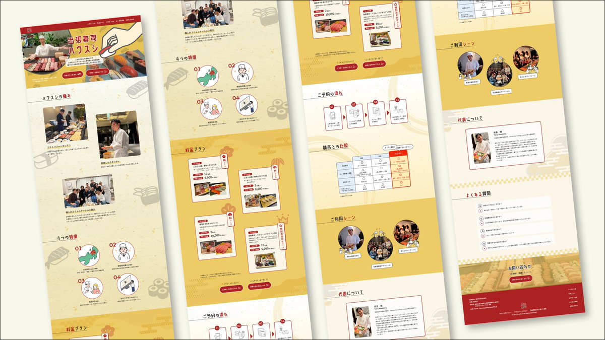 Image for the Tweet beginning: 第26回デザインコンペに参加させていただきます。
出張寿司を「手が届きやすい」「親しみやすい」というイメージにすることを意識しつつも情報の見やすさを心がけて作成しました。
よろしくお願いいたします。

#デイトラ　#デザインコンペ　#出張寿司 