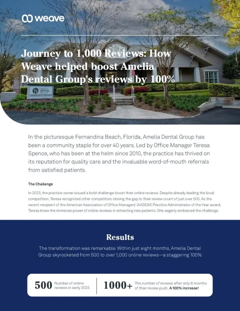 DCRMInstitute's tweet photo. Being #1 doesn’t mean you stop improving. 🥇➡️🚀
Amelia Dental Group held the top spot for reviews—but competition was closing in. DCI Grad &amp; OM Teresa Spence used a 4-pillar strategy with Weave to 2x reviews in 8 months.
Read how: https://t.co/6yw1y9mBjy https://t.co/Kvrh3Jp8N1