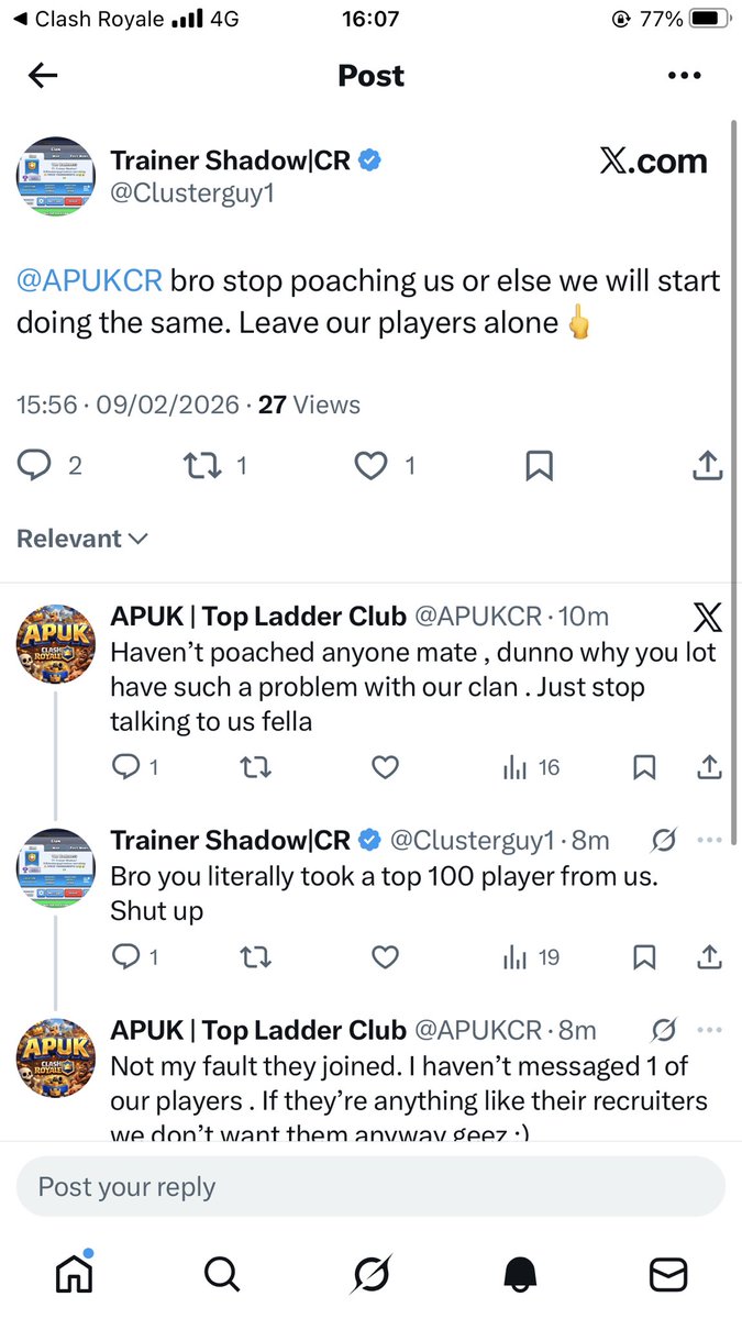 Walking Legends …. <a href="/Clusterguy1/">Trainer Shadow|CR</a> nobody’s gonna want to join your clan if your acting like kids . grow up, nobody from APUK has text your players we don’t want them if they’re gonna act anything like that anyway 💔