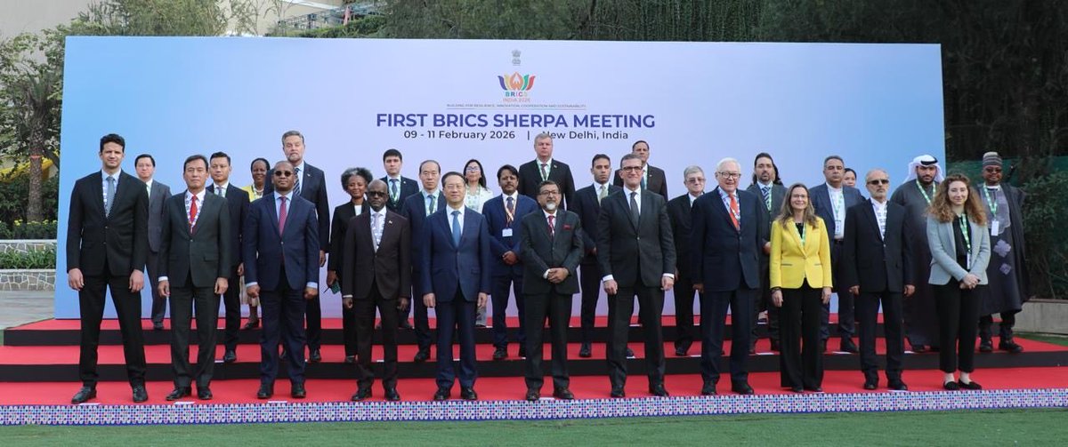 MEAIndia's tweet photo. The first BRICS Sherpa/Sous-Sherpa Meeting commenced on 9 February in New Delhi. 

Secretary (Economic Relations) and India’s BRICS Sherpa @SudhakarDalela highlighted key priorities of India’s Chairship based on PM’s vision for “people-centric” and “humanity-first” approach for the BRICS, and overall theme of ‘Building for Resilience, Innovation, Cooperation and Sustainability’.