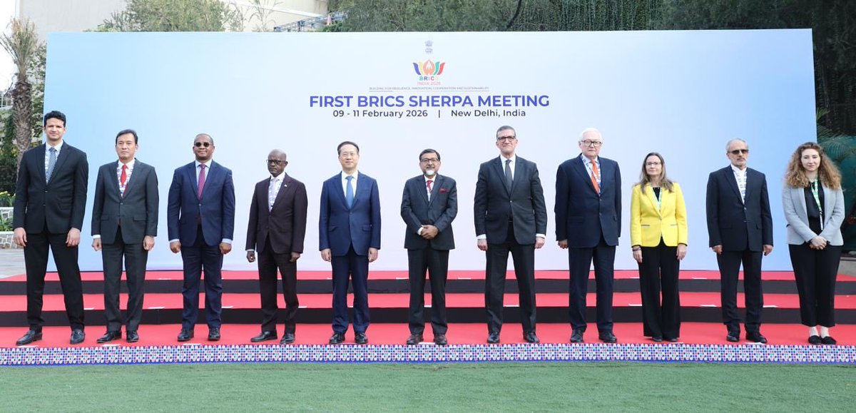 MEAIndia's tweet photo. The first BRICS Sherpa/Sous-Sherpa Meeting commenced on 9 February in New Delhi. 

Secretary (Economic Relations) and India’s BRICS Sherpa @SudhakarDalela highlighted key priorities of India’s Chairship based on PM’s vision for “people-centric” and “humanity-first” approach for the BRICS, and overall theme of ‘Building for Resilience, Innovation, Cooperation and Sustainability’.