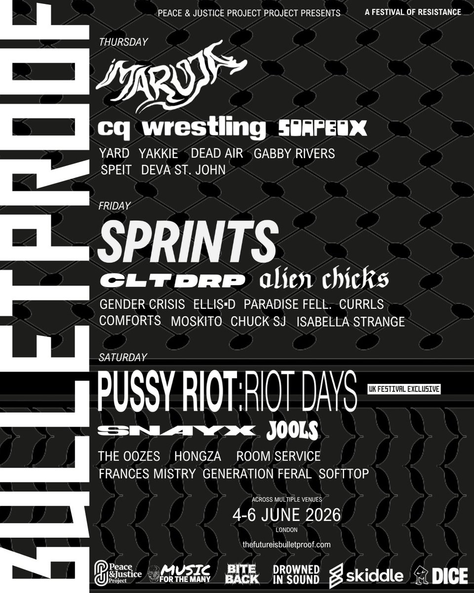 corbyn_project's tweet photo. 🔥 BULLETPROOF FESTIVAL 4-6JUNE 2026

We are delighted to announce the first Bulletproof Festival will be headlined by @Maruja_Band, @SPRINTSmusic and @pussyrrriot!

🎟️ Tickets on sale 11AM on Wednesday 11 February.

✍️ Register: https://t.co/61ZQeRDDLy https://t.co/XoRgezBfad