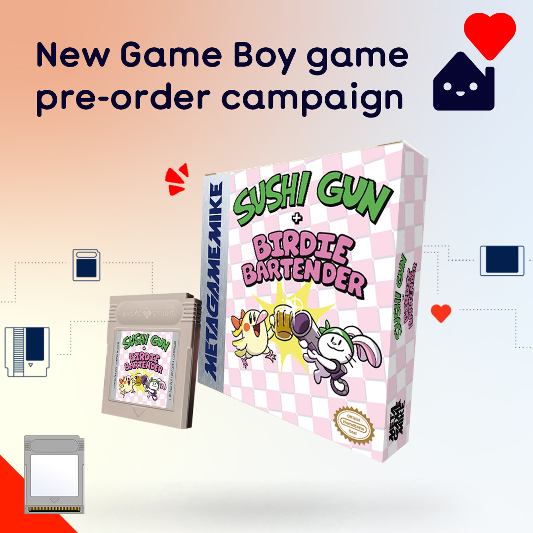 📢NEW GAME BOY PRE-ORDER CAMPAIGN

Sushi Gun + Birdie Bartender is a 2-in-1 Game Boy game by <a href="/MetagameMike/">Mike | Kero Kero Cowboy OUT NOW!</a>
🍣🍺Both are arcade-style scoring games.

This is a COMPLETE IN BOX with booklet version!
 
Only 25 pre-orders required to launch production
➡️ homebrew-factory.com/game-boy/179-s…