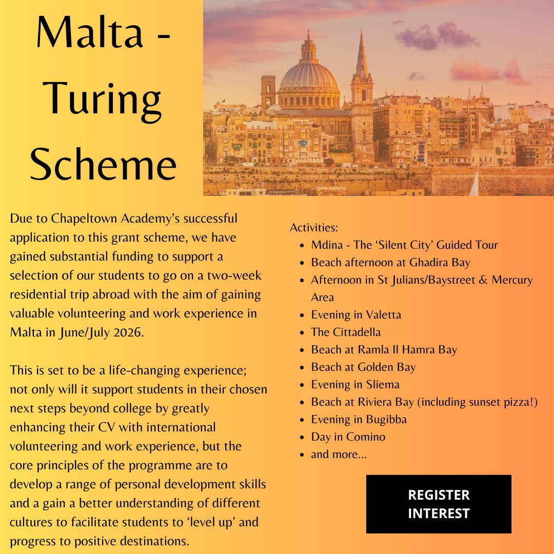 🚨 BIG NEWS 🚨

MALTA. 🌍✈️
SUMMER 2026. ☀️
Chapeltown Academy students will take part in a 2-week, life-changing international experience through the Turing Scheme 🇲🇹
Opportunities like this change futures — and we’re proud to deliver them 💙