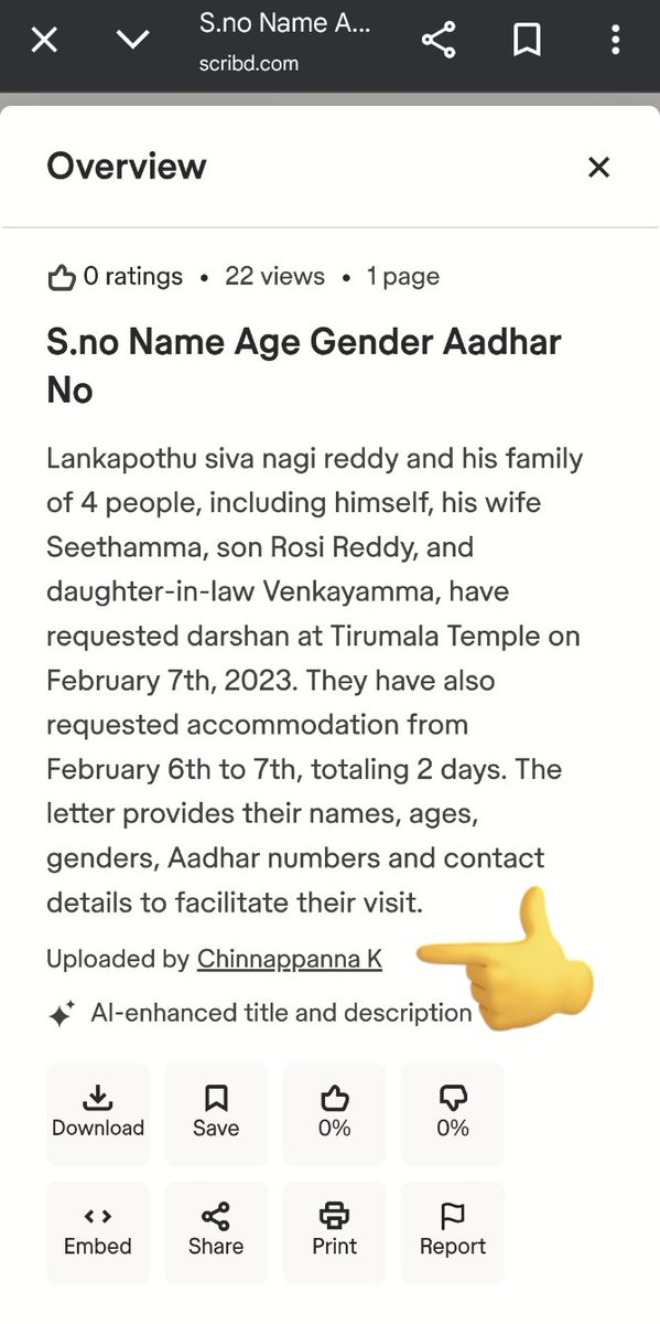 YV SubbaReddy Chinnappanna "Scribd" Link😅

Chinnappanna has a public Scribd account in which he uploaded a request letter from someone to YV subbareddy for TTD darshan. Since he was his PA &amp;has it in his mobile, he uploaded it to download something else😅

#NoGheeInTirumalaLaddu