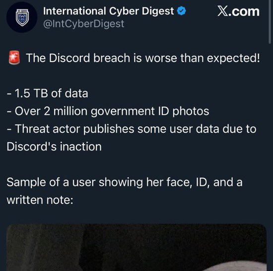 Pirat_Nation's tweet image. Remember about the Discord Data Breach (Reported October 2025)

Hackers gained access to a third-party customer support vendor used by Discord.

Affected data includes:
- Around 70,000 government-issued ID images (passports, driver’s licenses) submitted for age verification or…