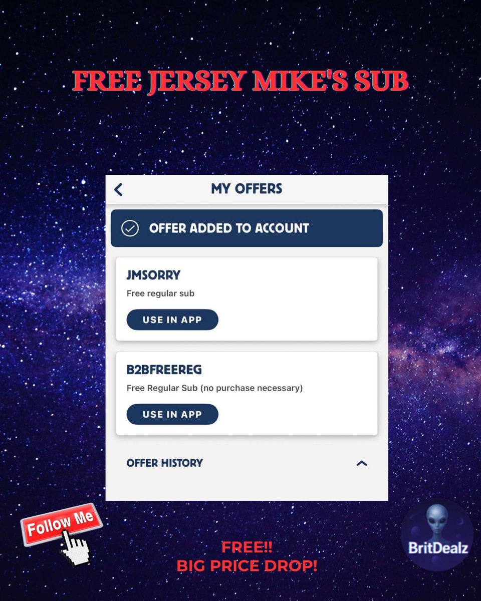 brittneys_deals's tweet image. 🥪🚨 FREE JERSEY MIKE’S SUB

Yes free 😮‍💨🙌  
Regular sub

👉 How to claim  
✅ Open the Jersey Mike’s app  
✅ Go to My Offers  
✅ Use code JMSORRY

For details go to galaxydeals.net 👀

#Freebies #JerseyMikes #FreeFood