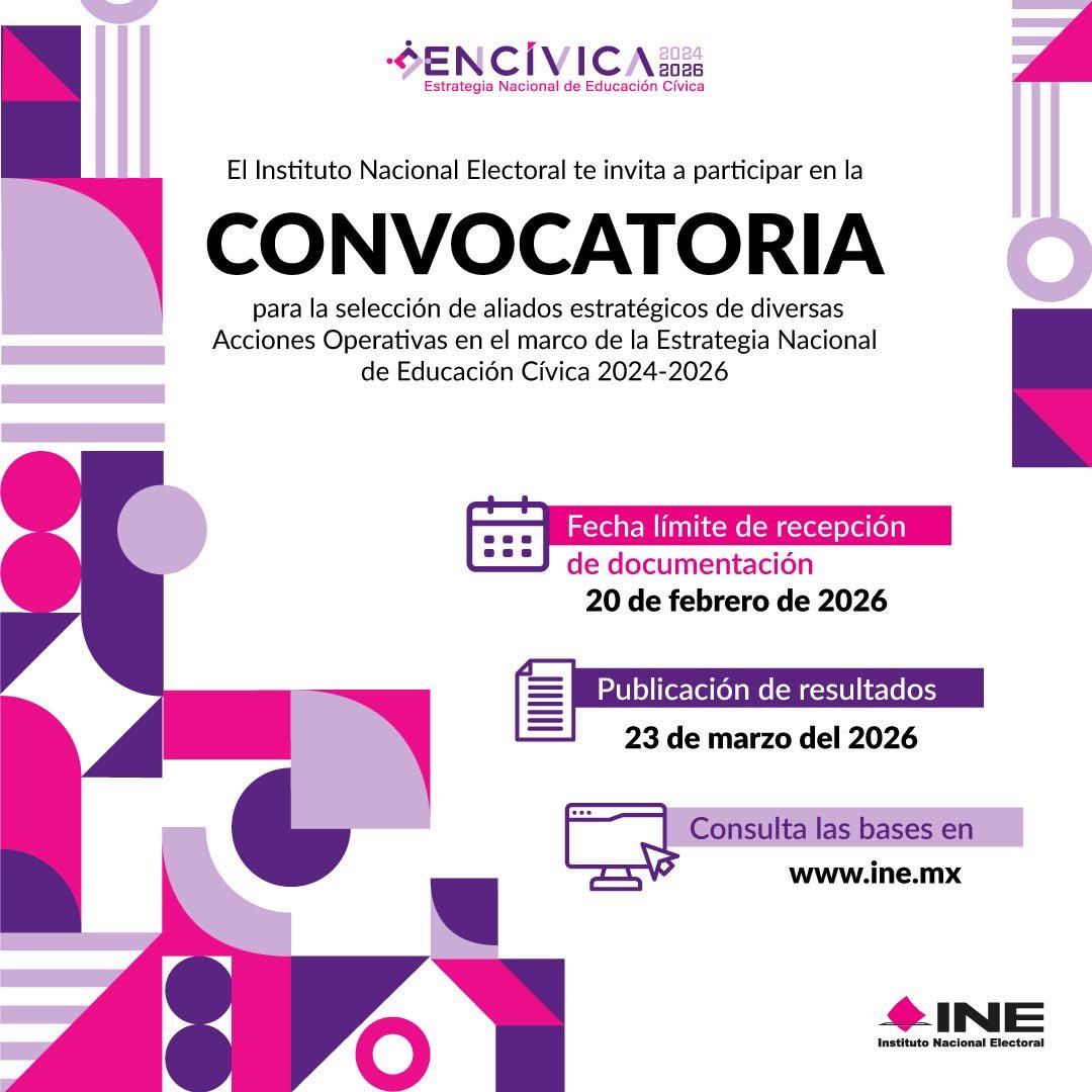 📢 El INE invita a participar en la Convocatoria para la Estrategia Nacional de Educación Cívica (#ENCÍVICA) 2024-2026. 

🗓 Fecha límite: 20 de febrero de 2026.

🔗 Consulta las bases completas en: ine.mx/convocatoria-s….

#INE #EducaciónCívica #ConvocatoriaINE2026