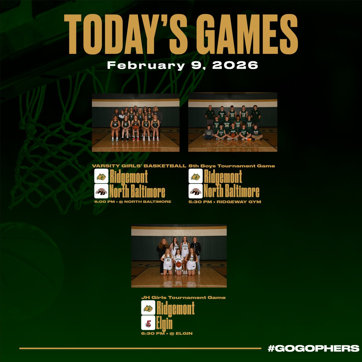 Todays Athletics!

5:30pm - 8th Grade Boys host North Baltimore in their first-round game. 

6:15pm - Varsity Girls travel to North Baltimore for an NWCC regular season clash with the Tigers. 

6:30pm - JH Girls travel to Elgin for their first-round game vs Elgin. 

#GoGophers!