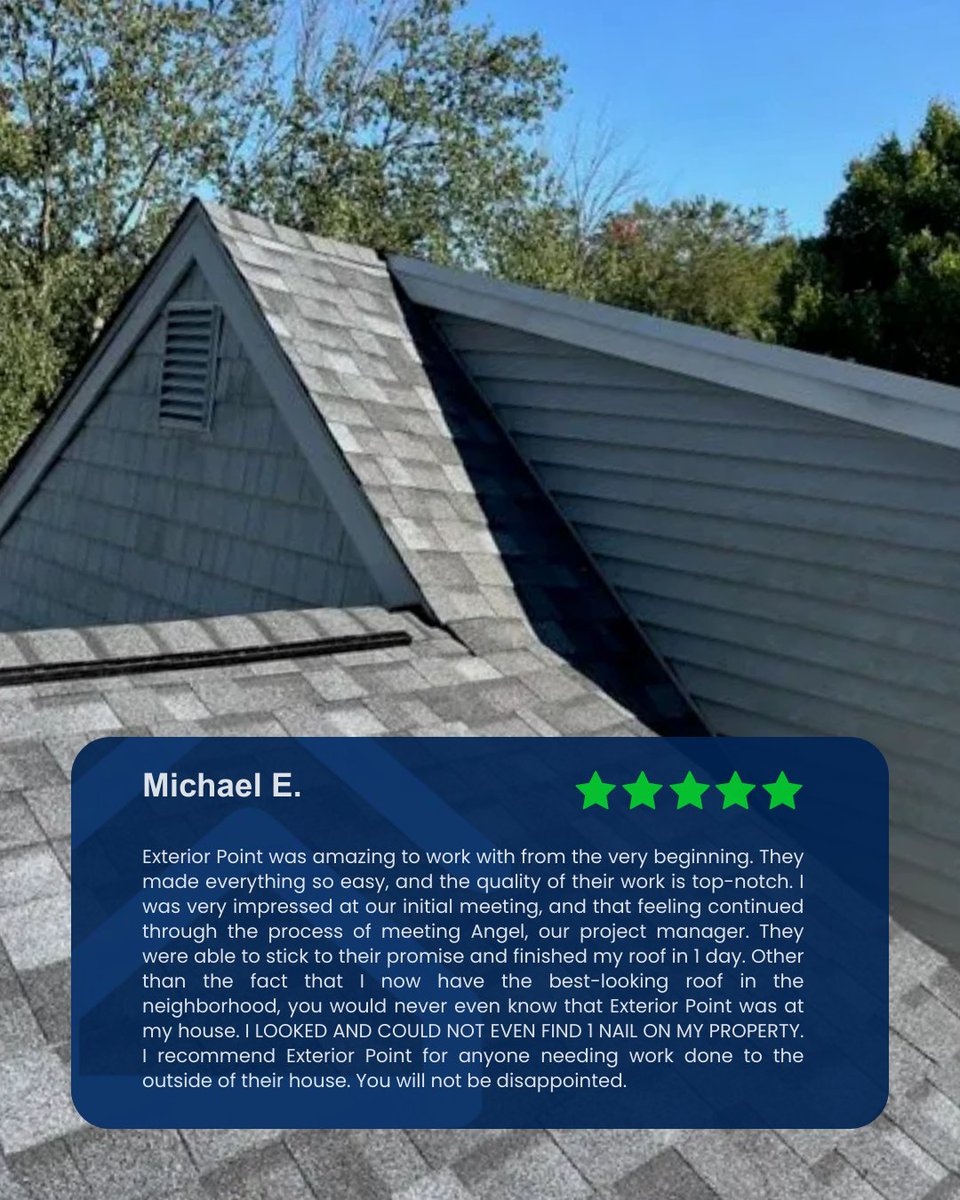 ExteriorPoint's tweet photo. Thank you, Michael, for sharing your experience. From start to finish, clear communication and follow-through matter to us. A roof replacement shouldn’t feel disruptive—when it’s done right, it simply fits the home, with results that stand out. https://t.co/rFDoW7WHUm
