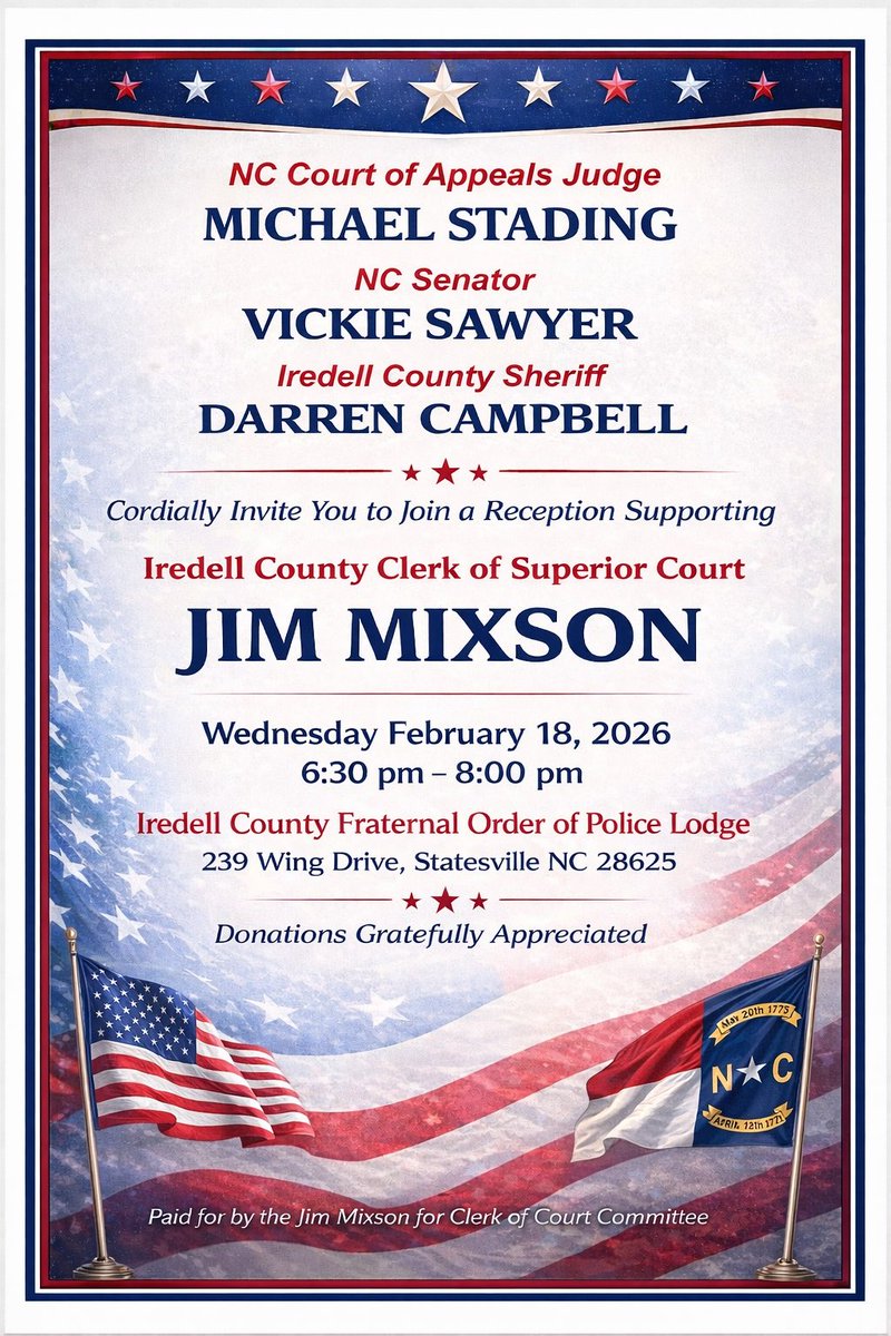MixsonJim's tweet photo. Please join @MichaelJStading 
 @SenatorSawyer, Darren Campbell and myself at the Iredell County FOP on Wednesday February 18th!
#ncpol #IredellCounty https://t.co/B6oeObd0F0