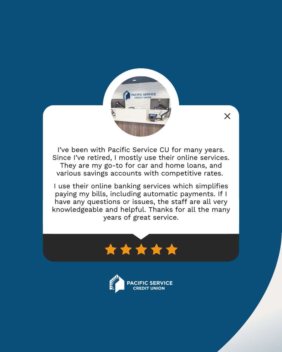 Another satisfied Pacific Service CU member! We’re delighted to receive such positive feedback from our community. At Pacific Service CU, we aim to provide exceptional financial services that help you achieve your goals 🙌
