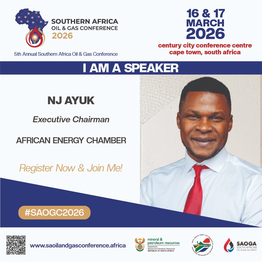 𝗦𝗣𝗘𝗔𝗞𝗘𝗥 𝗔𝗡𝗡𝗢𝗨𝗡𝗖𝗘𝗠𝗘𝗡𝗧  

We’re pleased to also welcome Mr NJ Ayuk, Executive Chairman of African Energy Chamber, as a speaker at the Southern Africa Oil &amp; Gas Conference 2026.  

Secure your delegate pass, exhibition space or sponsorship today.