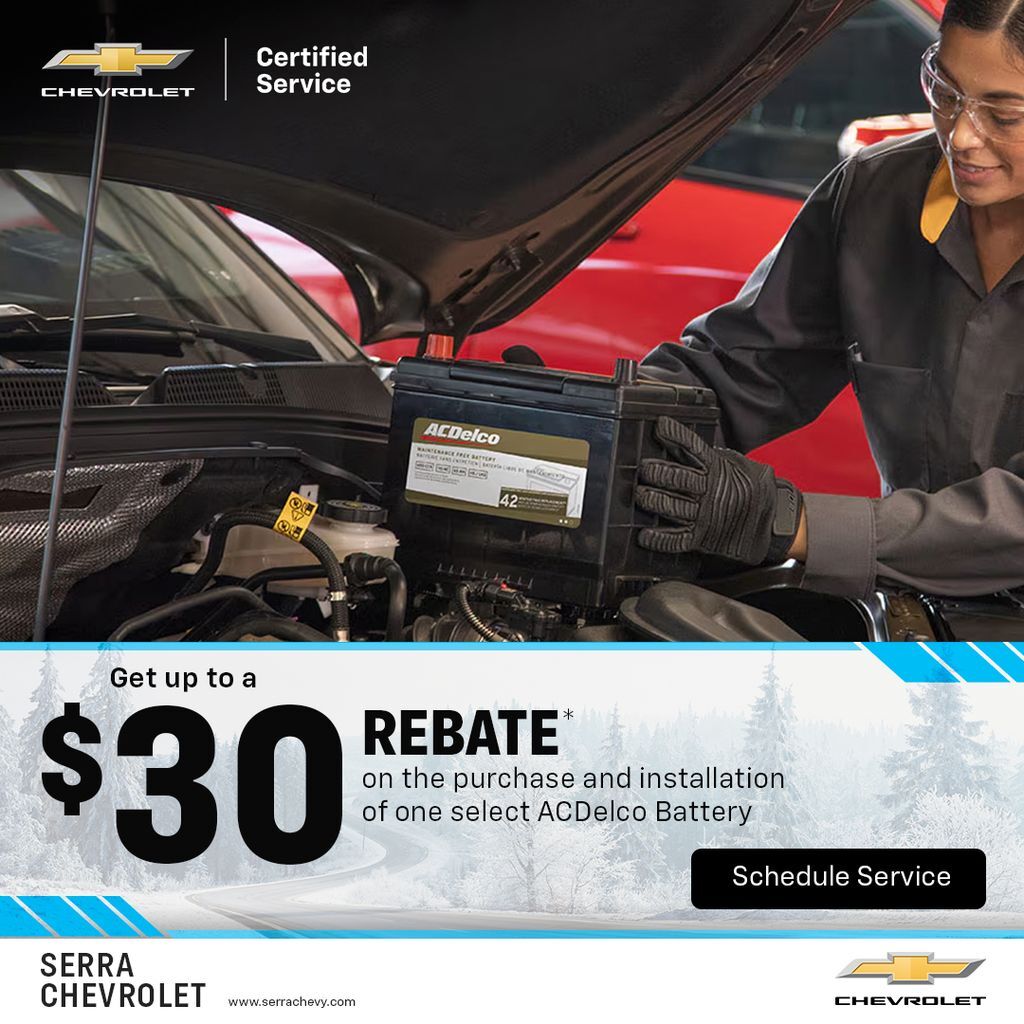 Get up to a $30 rebate on a select ACDelco battery with purchase &amp; installation!🔋 Ready to upgrade? Contact us today!

🔗 serrachevy.com/service/schedu…