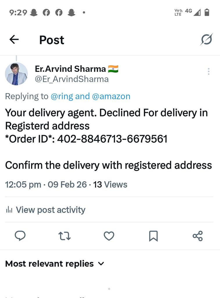 Er_ArvindSharma's tweet photo. @AmazonHelp **order 402-8846713-6679561* was successfully Delivered msg received today  https://t.co/XCrQrFdtdu  but i received call yr delivery agent approx 11.45 Am he declined for delivery.
and now without the delivery order updated it is delivered plz check and take action https://t.co/KQzVcLc4gN