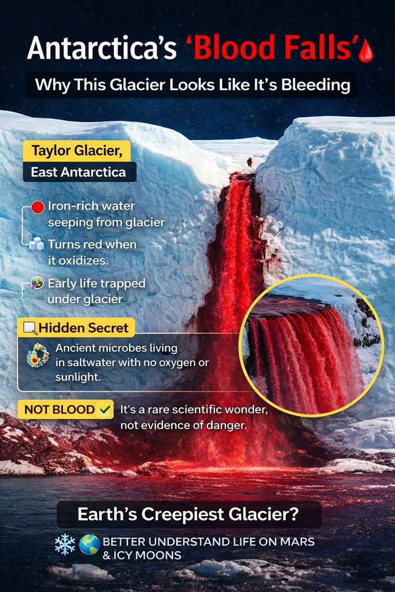ShrashteeGupta's tweet photo. Antarctica’s Blood Falls 🩸❄️ looks like a glacier is bleeding — but it’s pure science, not blood.
Iron-rich water beneath the ice reacts with oxygen, creating one of Earth’s strangest natural wonders 🌍🔬
#BloodFalls #Antarctica #NatureMystery #ScienceFacts #EarthSecrets https://t.co/HjURN3c6ZD