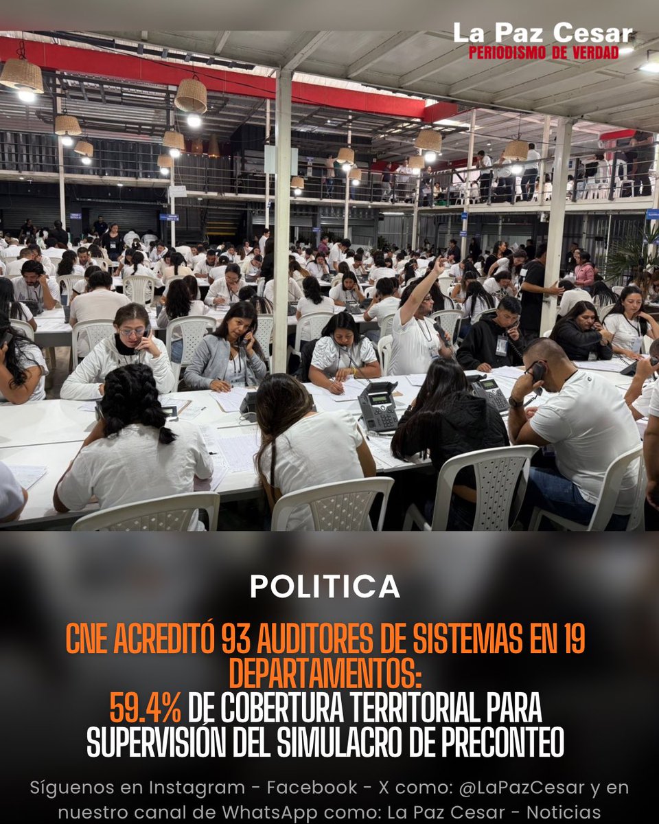 #Atención

CNE acreditó 93 auditores de sistemas en 19 departamentos:
59.4% de cobertura territorial para supervisión del simulacro de preconteo

facebook.com/share/p/1AWmKr…
