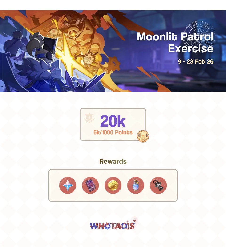 𝙈𝙤𝙤𝙣𝙡𝙞𝙩 𝙋𝙖𝙩𝙧𝙤𝙡 𝙀𝙭𝙚𝙧𝙘𝙞𝙨𝙚 𝙀𝙫𝙚𝙣𝙩

Rewards: 
420 Primogems + Resources  

Ends: 23 February 2026, 3 AM WIB (UTC +7)

#jokigenshin #taoisevent