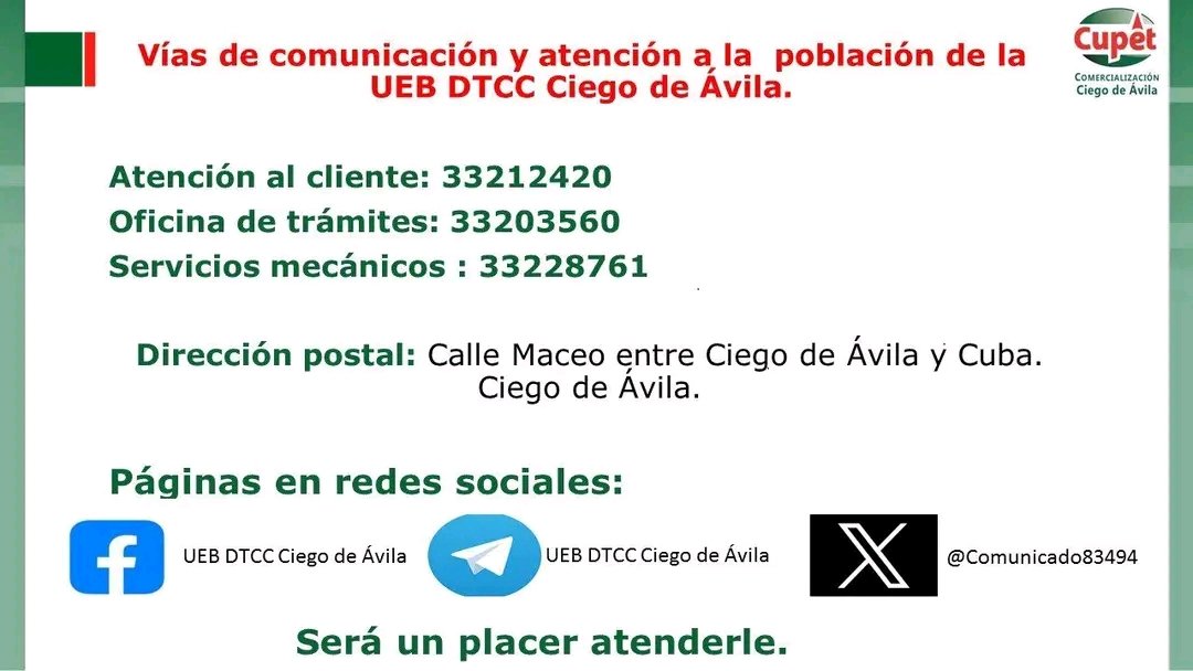 📢 Contactos de la UEB DTCC Ciego de Ávila

La División Territorial de Comercialización de Combustibles (DTCC) en Ciego de Ávila pone a disposición de la población sus vías de comunicación oficiales.
#PetrolerosPorCuba
#DePieYCombatiendo 
#CubaEstáFirme