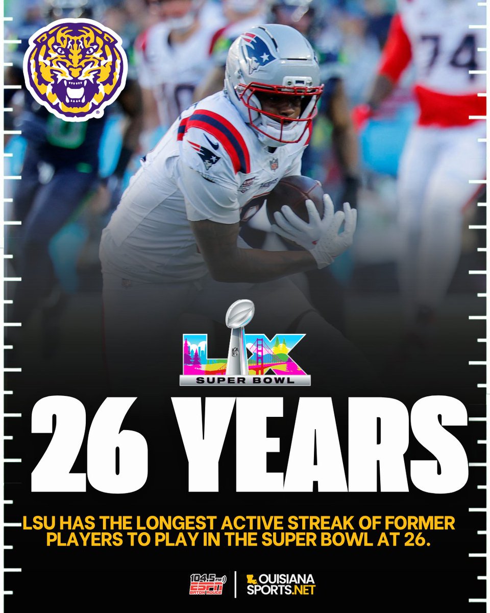 1045espn's tweet photo. NFLSU: LSU alums extend Super Bowl streak to 26 years

How the 6️⃣ former LSU players performed in the Super Bowl. 🐯🏆

READ: https://t.co/djRdIv023F https://t.co/QhAf3ZLj6z