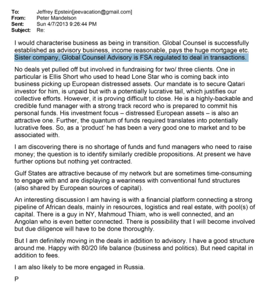DanNeidle's tweet image. Interesting email. Mandelson in 2013 considering shifting Global Counsel towards doing deals/arranging financings, rather than just lobbying/advisory. 

Did that ever happen?