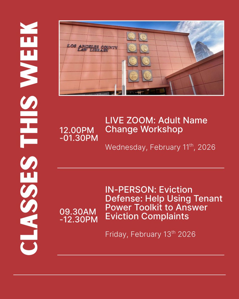 📌Happy Monday! Check out this week’s class schedule.

📣For more information, click here: lalawlibrary.org