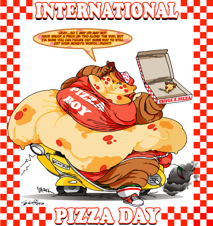 It's International Pizza Day (apparently) and what better way to celebrate it than with <a href="/krimdelakrim/">willie kelly</a>.bsky.social 's Pizza Boy, who is the best thing to happen to pizza since stuffed crust~
#DecoyTheSkeletalBoy #KrimDeLaKrim #InternationalPizzaDay #Obese #Femboy #FoodPeople