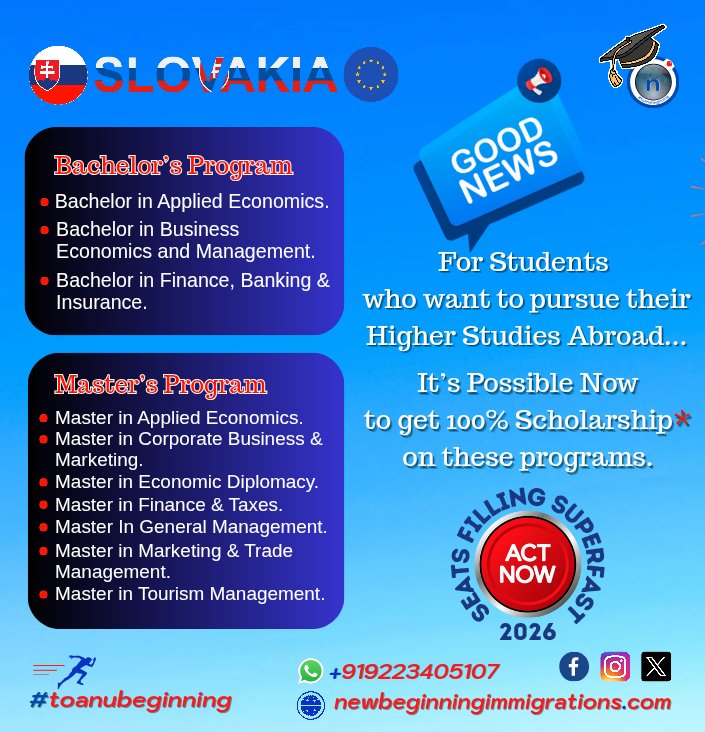 NImmigrations's tweet photo. Good News!!!
100% Scholarship* Available for Students who want to pursue their Higher Studies abroad....

#studyinslovakia 
#studyineurope
#studyabroad
#Scholarship
#bachelordegree
#mastersdegree
#toanubeginning https://t.co/f4YtTFFPma