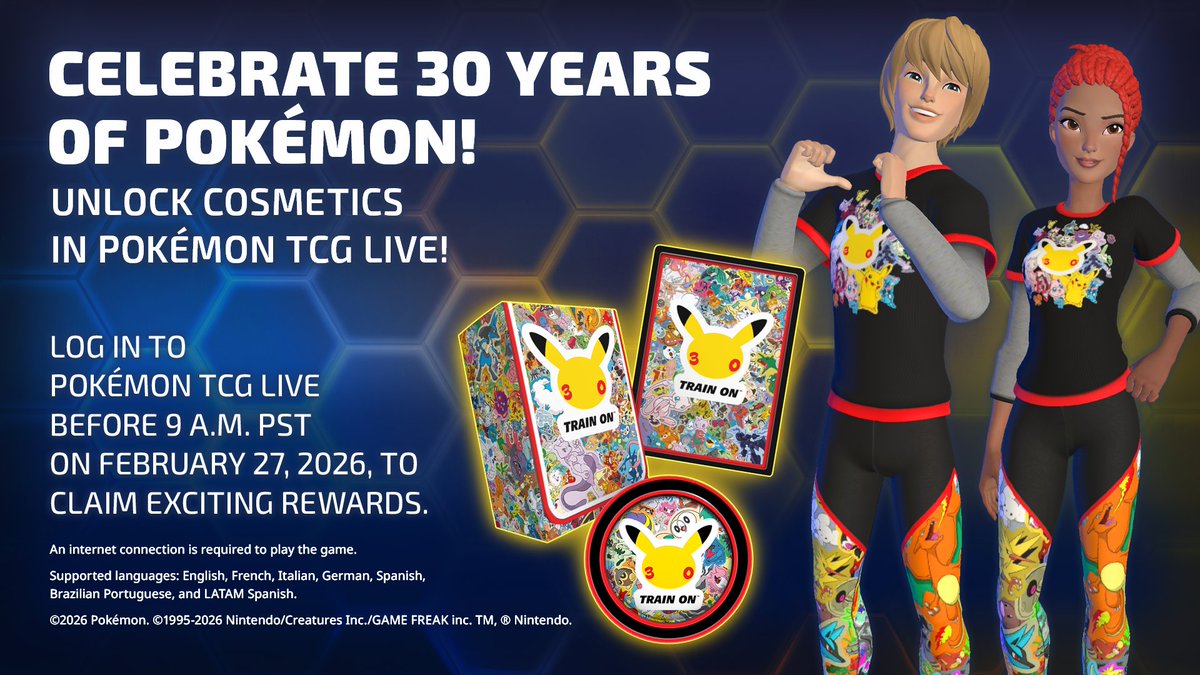 PokemonTCGLive's tweet image. Start celebrating #Pokemon30 now in #PokemonTCGLive!

Log in to the game before February 27 to claim special sets of deck accessories and avatar cosmetics!