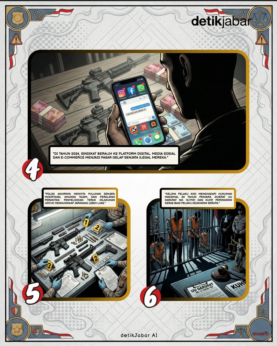 detikjabar_'s tweet photo. #dComic π¨ WASPADA! Sindikat Senjata Api Ilegal Beroperasi Lewat Medsos π¨
Komik edukasi kali ini mengungkap modus sindikat perakit senjata api ilegal yang memanfaatkan platform digital untuk memasarkan produk berbahaya mereka.
Pelaku dijerat: UU Darurat No. 12/1951 & KUHP. https://t.co/x9av7pRKSv