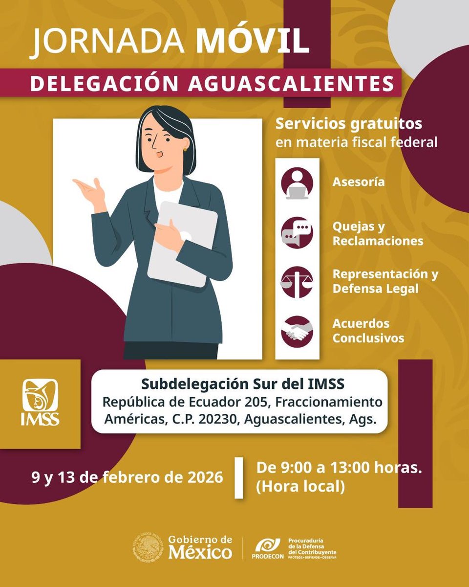 🔊 ¡#Atención personas contribuyentes en #Aguascalientes! 🔊

Los especialistas de #PRODECON están listos para escucharte y ayudarte a resolver cualquier duda fiscal que tengas, de forma clara y cercana. ⚖️✅

Aprovecha nuestra #JornadaMóvil.🤩

#PRODECONEnTuCiudad 🙌🏼🚗
