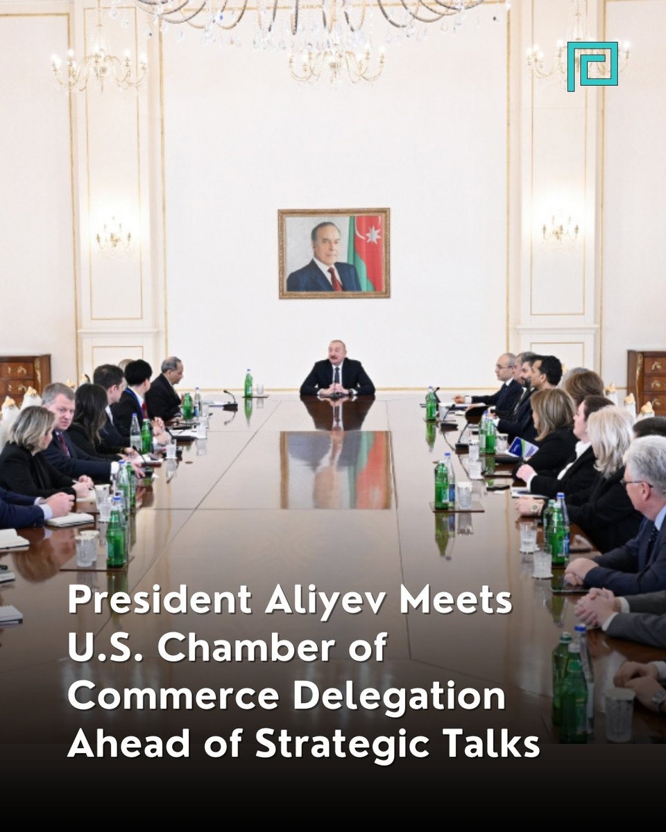 thecaspianpost's tweet photo. President Ilham Aliyev met a U.S. Chamber of Commerce delegation in Baku, discussing investment, energy, AI, and logistics. The talks signal deeper U.S.–Azerbaijan economic engagement ahead of Vice President J.D. Vance’s regional visit. #Azerbaijan #USA #USChamber https://t.co/3fSNSZKwbl