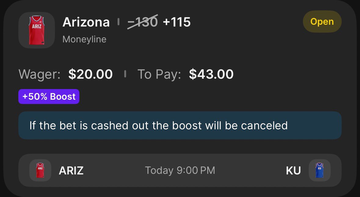 lachmoneylocks's tweet photo. PLAY OF THE DAY🚨🏀

Arizona ML, sitting at -130 rn but with a boost we get +115. Kansas is hot, they don’t lose on Monday’s under Bill Self… however, we get to bet this undefeated Rolls Royce of an Arizona team at + chicky?! No brainer, Wildcats get her done. https://t.co/M0ek4jyCCL