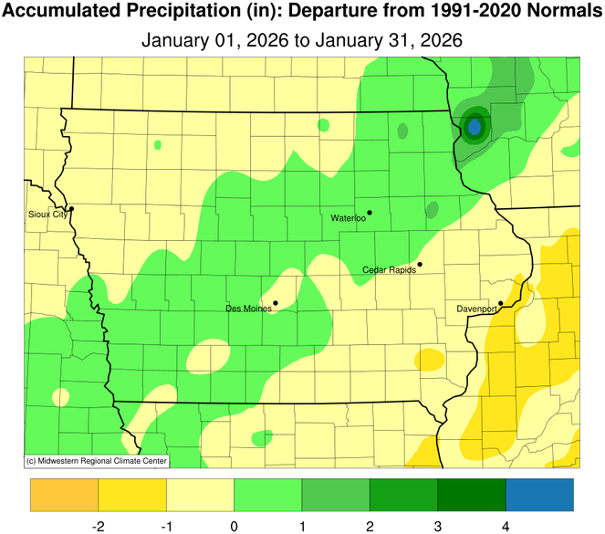 JustinMGlisan's tweet photo. January 2025 Precipitation Summary: #IA's average precip. was 0.94", 0.03" below normal. This ties 1881 as the 78th driest Jan. on record; 2025 was drier. Avg. snowfall came in at 2.3" (-6.0"), ranking as the 12th least snowy in 139 years of records. (2/2) #IowaClimate #IowaAg https://t.co/7yDWSsA6FV