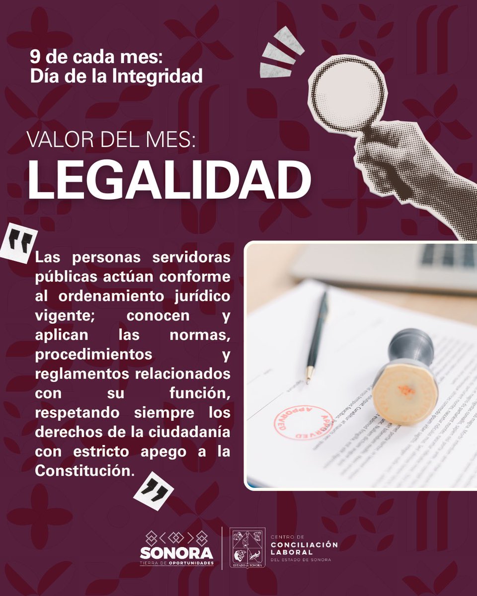 Hoy es 9 de mes, Día de la Integridad.🗓️

Destacamos la LEGALIDAD como el valor fundamental de nuestro servicio. Actuamos conforme a la ley, respetando siempre los derechos de la ciudadanía y nuestra Constitución. 📜✅

#CCLSON #DíaDeLaIntegridad #Legalidad #SeguimosTransformando