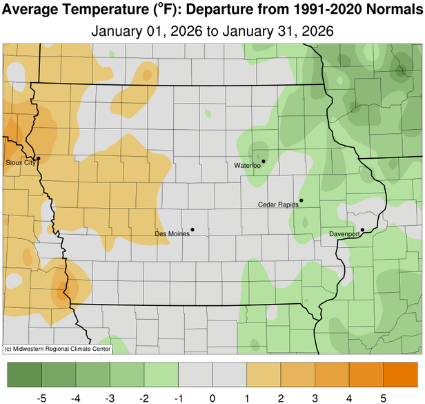 JustinMGlisan's tweet image. January 2026 Temperature Summary: #Iowa’s average temperature was 19.3°F, 0.2°F below normal. This ties 2016 as the 80th coldest January in 154 years of records; 2025 was colder. (1/2) #IowaClimate #IowaAg
