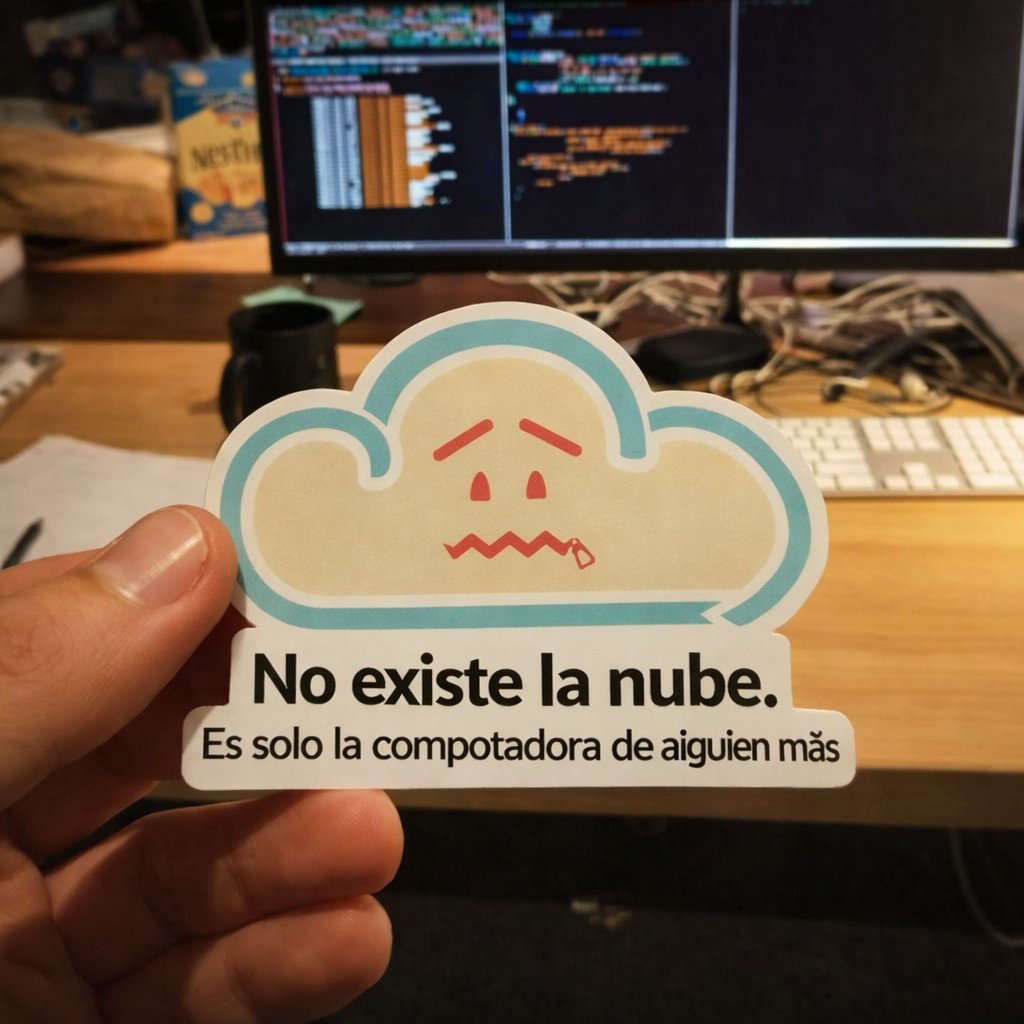 🛡️ La nube no existe. Es la computadora de alguien más.

Esta imagen parece broma.

Pero es un recordatorio.

Cuando subes un archivo a “la nube”, no flota en el aire.

Aterriza en un servidor físico.

Con discos, memoria, cables y energía.

Propiedad de otra empresa.

Tus datos