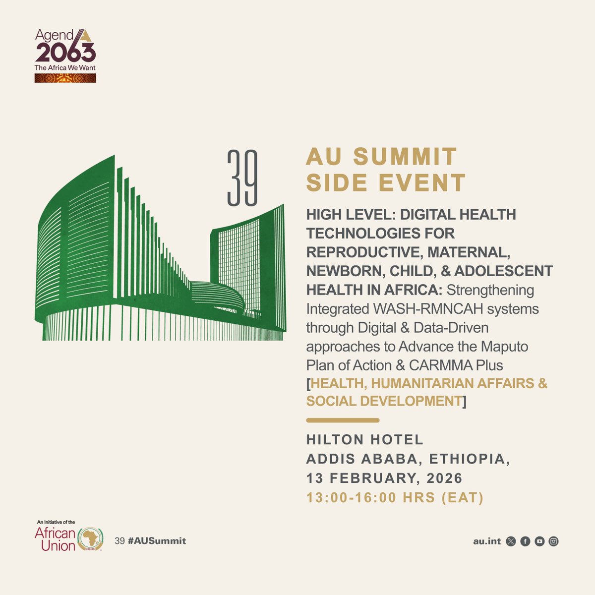 _AfricanUnion's tweet photo. SAVE THE DATE
On the sidelines of the 39th AU Summit, the African Union will host a High-Level Side Event on Strengthening Integrated WASH–RMNCAH Systems through Digital & Data-Driven Approaches to advance the Maputo Plan of Action and #CARMMAPlus.

The event will:
▪ Boost political commitment to digital health for RMNCAH
▪ Promote integrated WASH–RMNCAH solutions
▪ Spotlight the AU Digital Health Strategy 2024–2030
▪ Strengthen multi-stakeholder collaboration
▪ Launch the CARMMA Plus Website

Learn more 
https://t.co/Uu8bFAeJzK