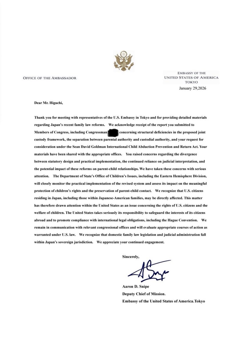 Japan_Abduction's tweet photo. The U.S. Embassy has received the materials and concerns about Japan’s family law reform. It will monitor the reform’s impact on children, and although family law is Japan’s domain, it recognizes effects on families and U.S. citizens in Japan and may respond under U.S. law. https://t.co/Hb2zVyqq5B