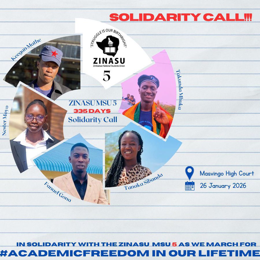 HamauswaZW's tweet photo. Almost 46 years after independence, the right to education remains under threat. Remember their names. Remember their plight. A new academic semester is here, these 5 are still in academic exile. These injustices and many other must come to an end NOW.
#AcademicFreedomNow https://t.co/SLgclPueFH